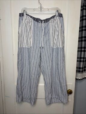Linen Blend Wide Leg Pants Lagenlook Coastal Multi Stripe Pull On Cropped Pant L